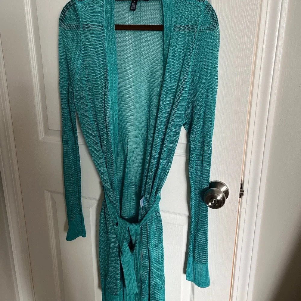 White House Black Market Lightweight Teal Open-Knit Cardigan with Waist Tie - Picture 2 of 2